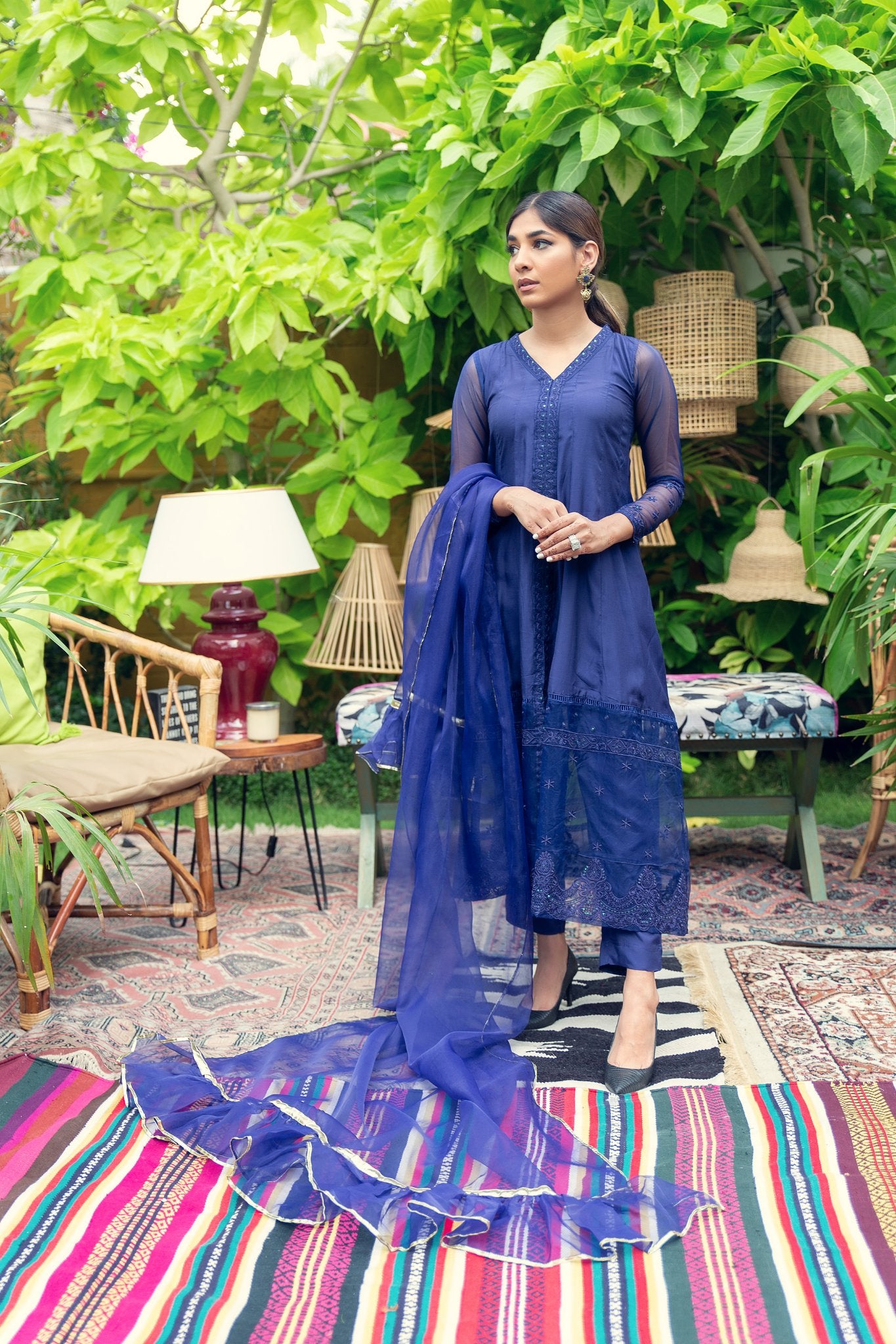 Deep Blue Embroidered Cotton Silk Kurta Set (3-Piece) - Image 4