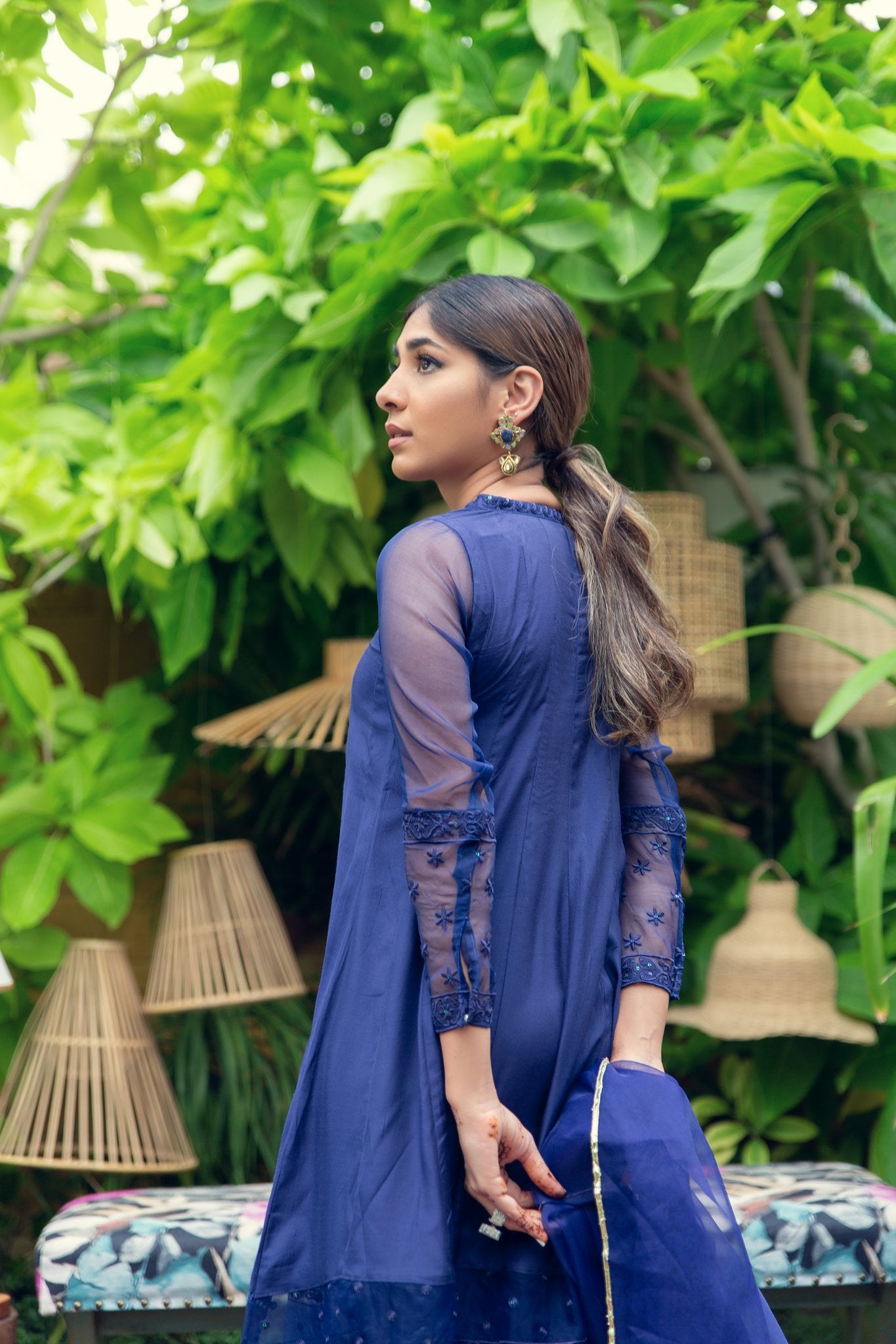 Deep Blue Embroidered Cotton Silk Kurta Set (3-Piece) - Image 5