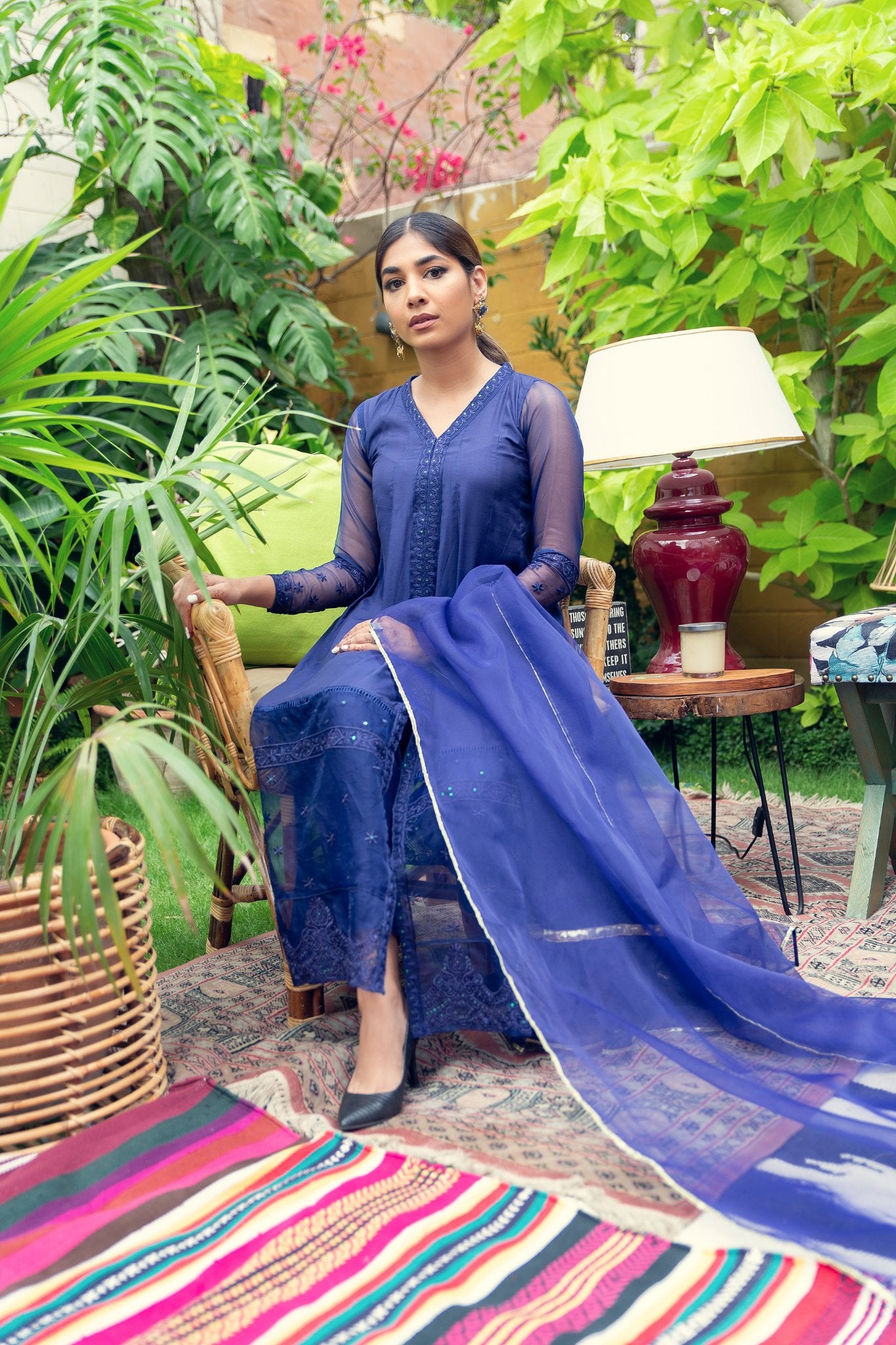 Deep Blue Embroidered Cotton Silk Kurta Set (3-Piece) - Image 6