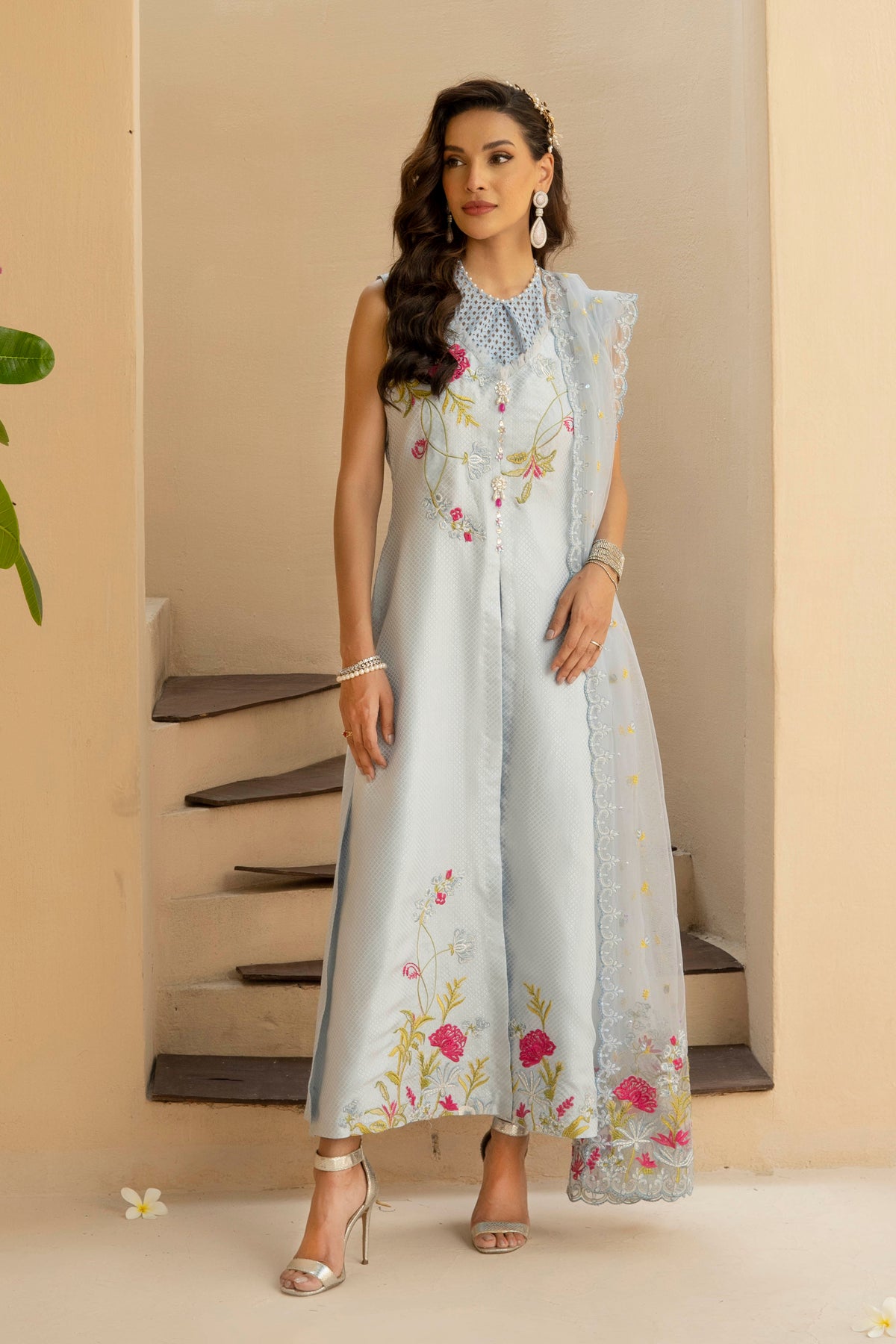 Ice Blue Embroidered Cotton Silk Salwar Kameez (3-Piece) - Image 1