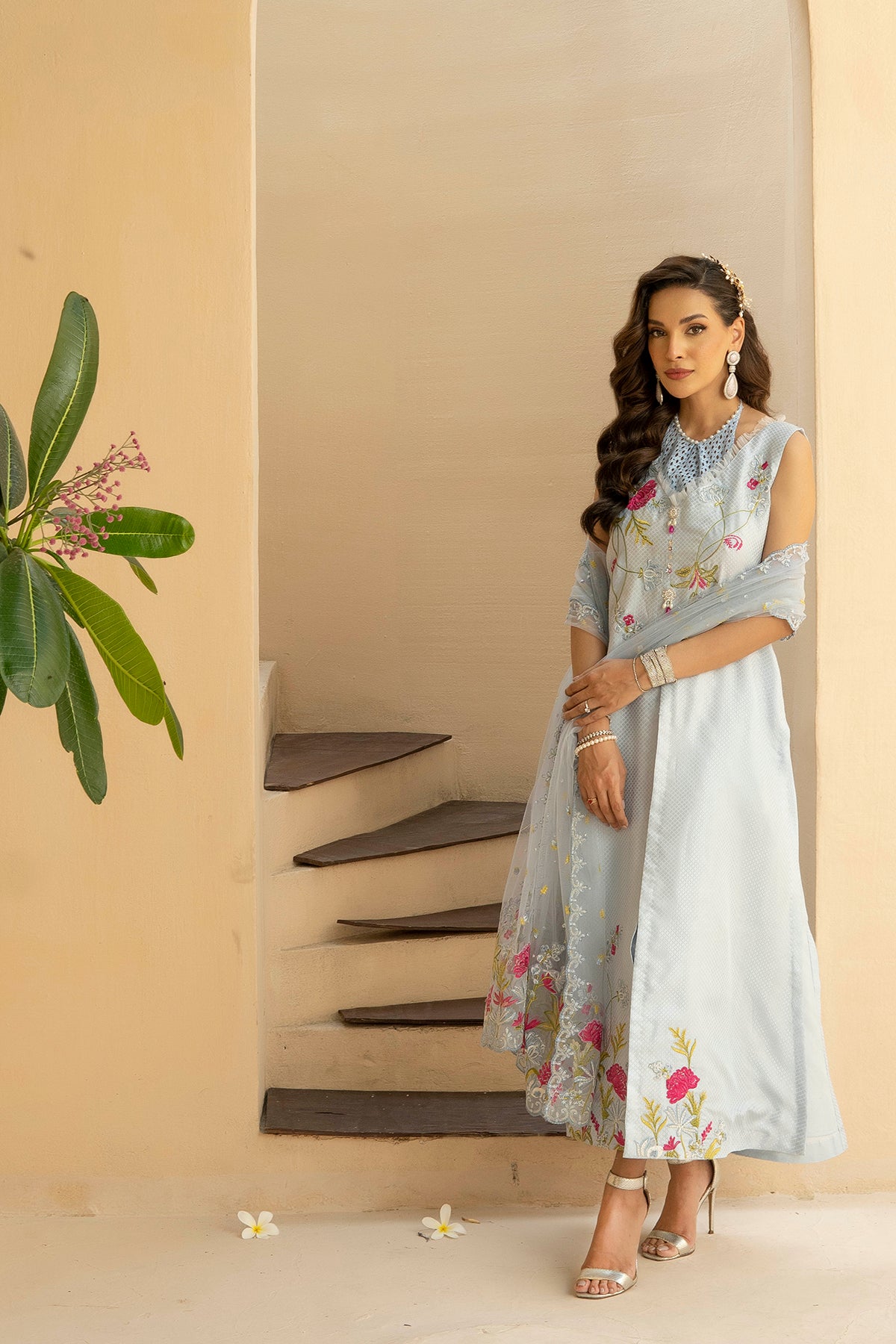 Ice Blue Embroidered Cotton Silk Salwar Kameez (3-Piece) - Image 2
