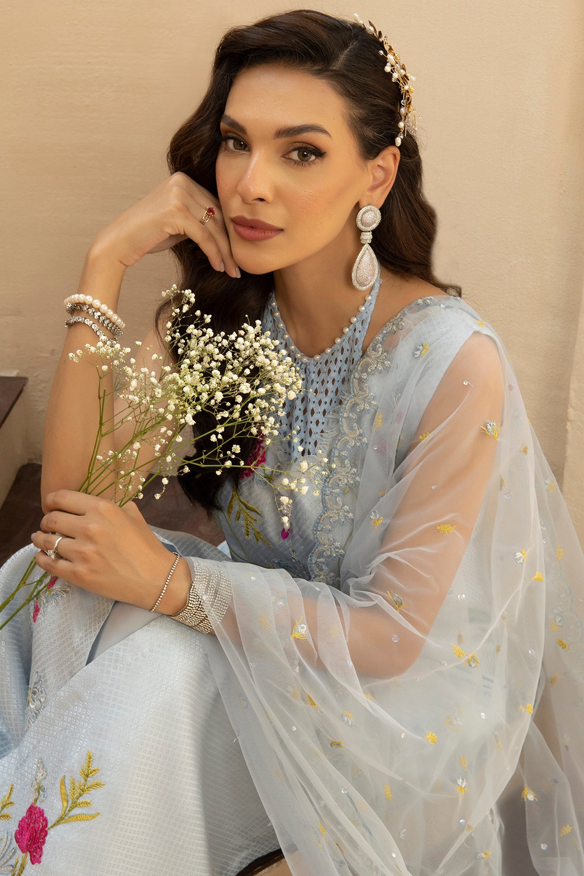 Ice Blue Embroidered Cotton Silk Salwar Kameez (3-Piece) - Image 4