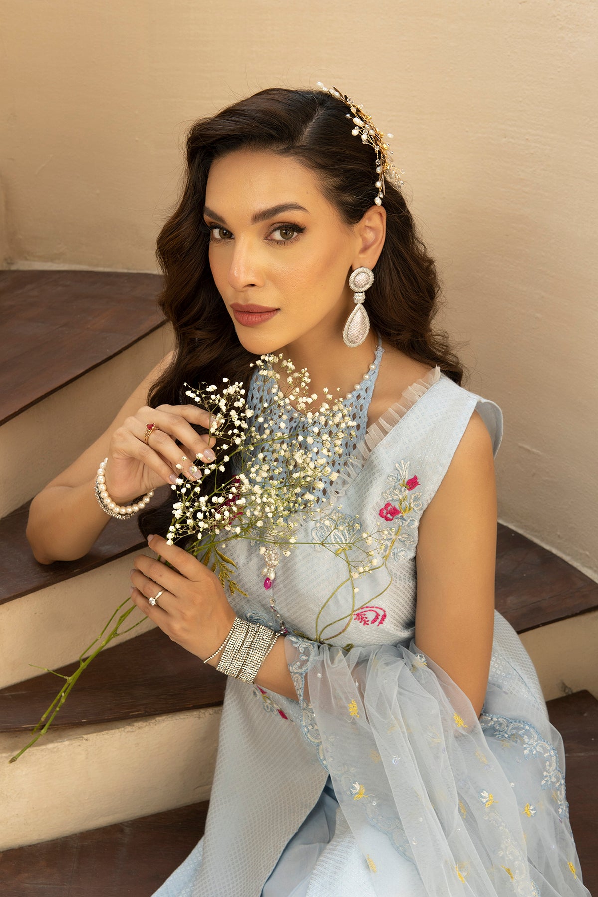 Ice Blue Embroidered Cotton Silk Salwar Kameez (3-Piece) - Image 5