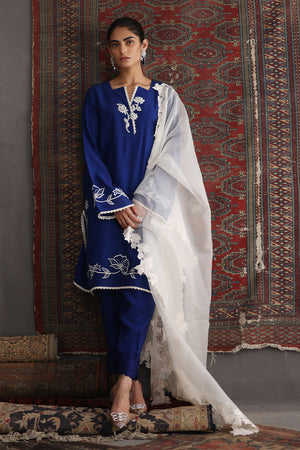Royal Blue Embroidered Cotton Silk Salwar Kameez (3-Piece) - Image 1