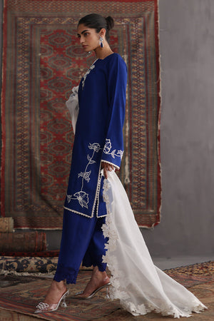 Royal Blue Embroidered Cotton Silk Salwar Kameez (3-Piece) - Image 2