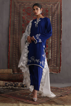 Royal Blue Embroidered Cotton Silk Salwar Kameez (3-Piece) - Image 3