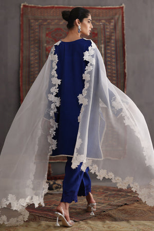 Royal Blue Embroidered Cotton Silk Salwar Kameez (3-Piece) - Image 4