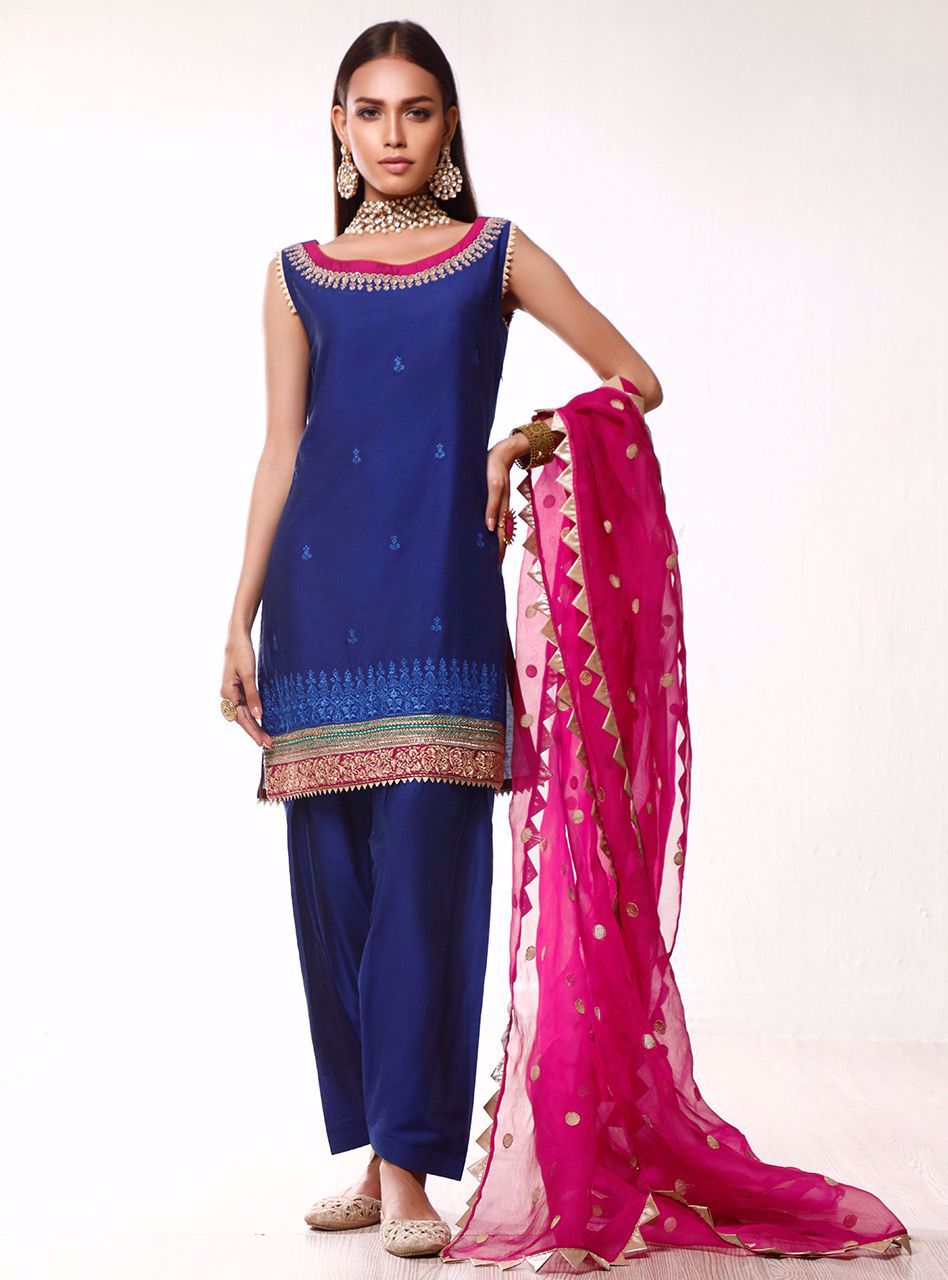 Pakistani Cobalt Blue Embroidered Cotton Silk Salwar Kameez (3-Piece) - Image 1