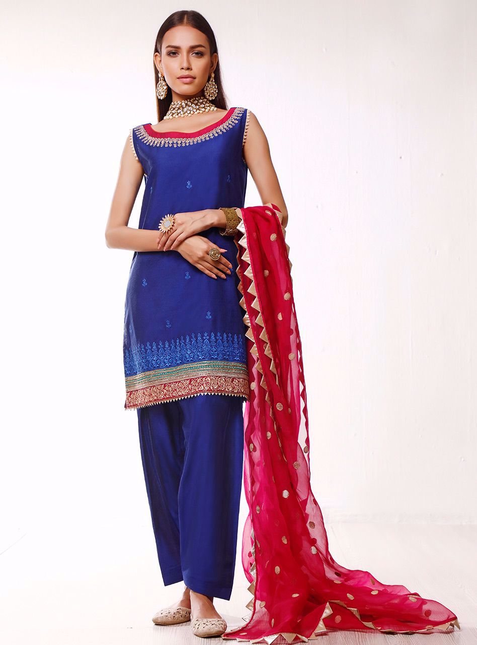 Pakistani Cobalt Blue Embroidered Cotton Silk Salwar Kameez (3-Piece) - Image 2