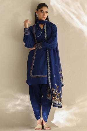 Cobalt Blue Embroidered Cotton Silk Salwar Kameez (3-Piece) - Image 1