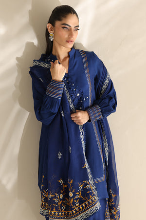 Cobalt Blue Embroidered Cotton Silk Salwar Kameez (3-Piece) - Image 2