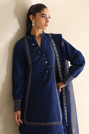 Cobalt Blue Embroidered Cotton Silk Salwar Kameez (3-Piece) - Image 3
