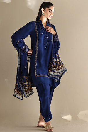 Cobalt Blue Embroidered Cotton Silk Salwar Kameez (3-Piece) - Image 4