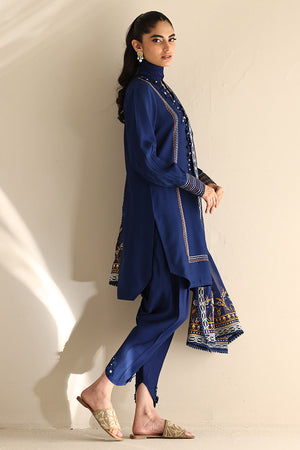 Cobalt Blue Embroidered Cotton Silk Salwar Kameez (3-Piece) - Image 5