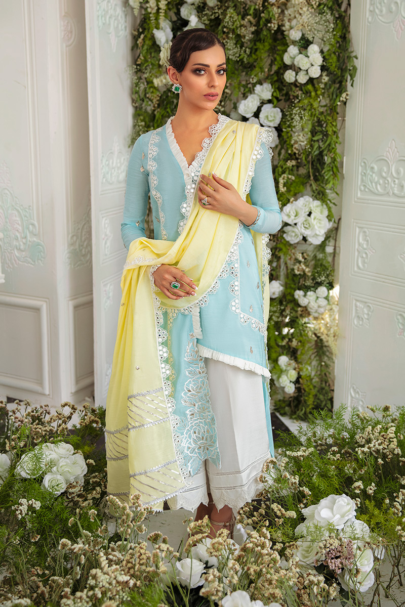 Pakistani Light Blue Embroidered Cotton Salwar Kameez (3-Piece) - Image 1