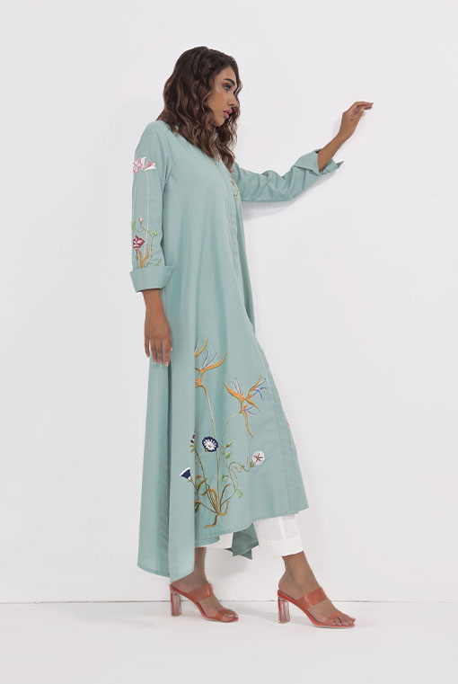 Light Blue Embroidered Cotton Long Shirt (2-Piece) - Image 2