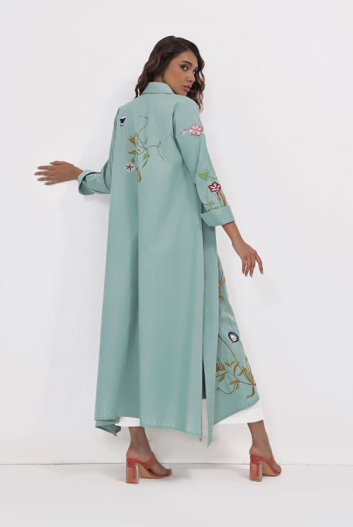 Light Blue Embroidered Cotton Long Shirt (2-Piece) - Image 3