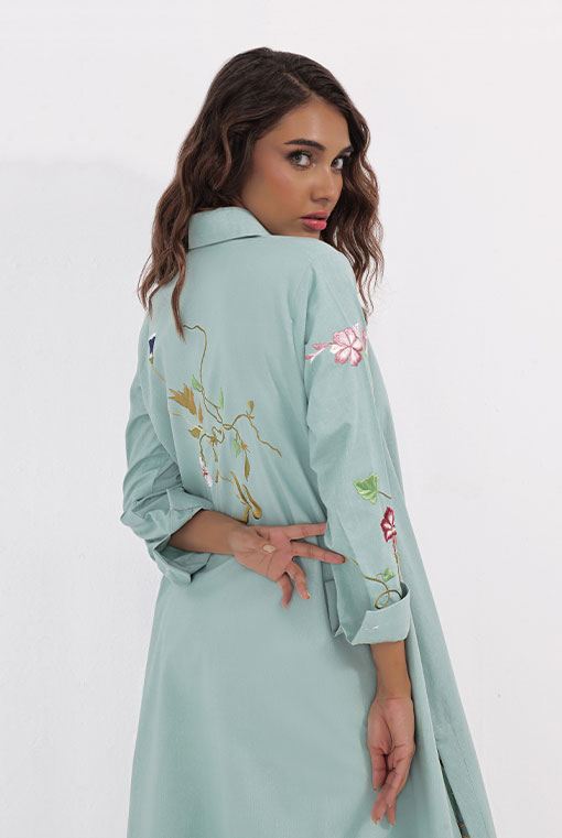 Light Blue Embroidered Cotton Long Shirt (2-Piece) - Image 4
