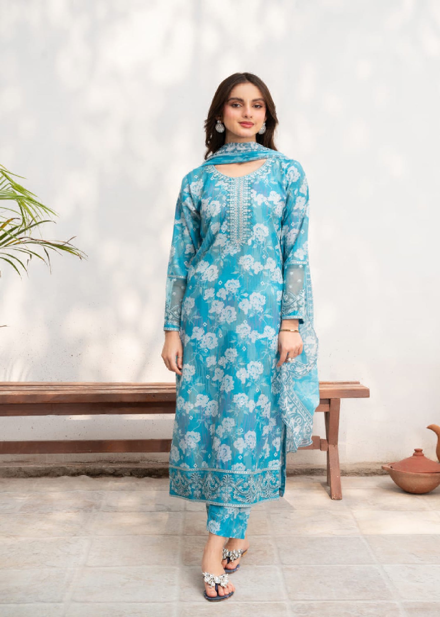 Blue Printed & Embroidered Cotton Kurta Set (3-Piece) - Image 1