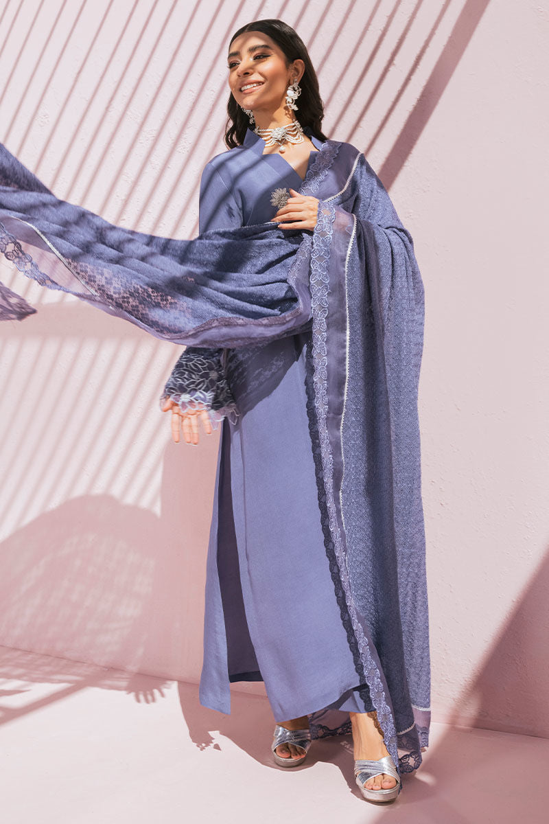 Dusty Blue Embroidered Pure Crepe Salwar Kameez (3-Piece) - Image 1