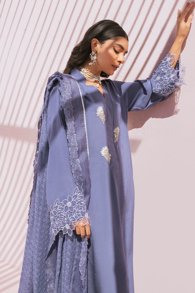 Dusty Blue Embroidered Pure Crepe Salwar Kameez (3-Piece) - Image 2