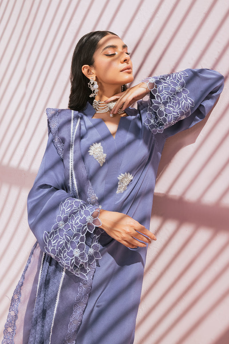 Dusty Blue Embroidered Pure Crepe Salwar Kameez (3-Piece) - Image 3