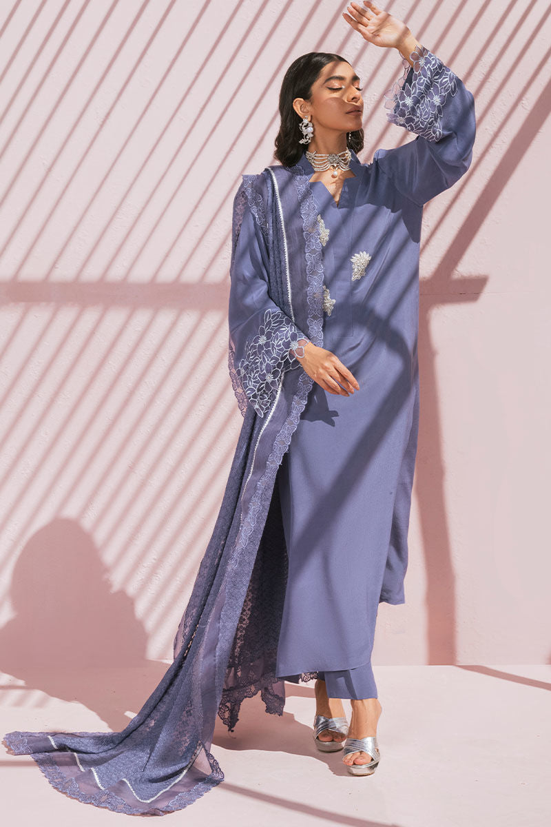 Dusty Blue Embroidered Pure Crepe Salwar Kameez (3-Piece) - Image 6