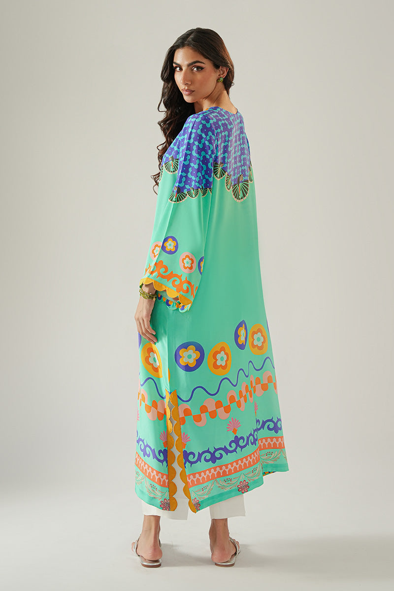 Pakistani Turquoise Blue Digital Print Pure Crepe Kurta (1-Pc) - Image 2