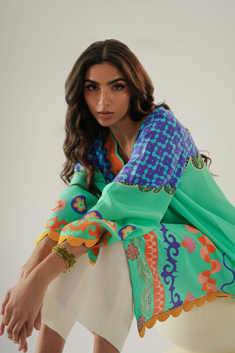 Pakistani Turquoise Blue Digital Print Pure Crepe Kurta (1-Pc) - Image 5