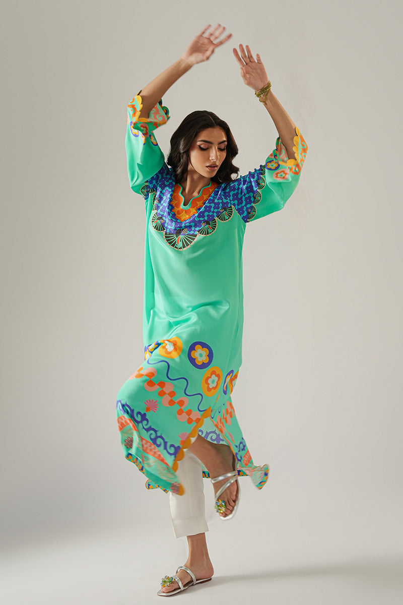 Pakistani Turquoise Blue Digital Print Pure Crepe Kurta (1-Pc) - Image 6