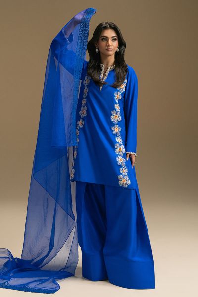 Royal Blue Embroidered Crepe Salwar Kameez (3-Piece) - Image 1
