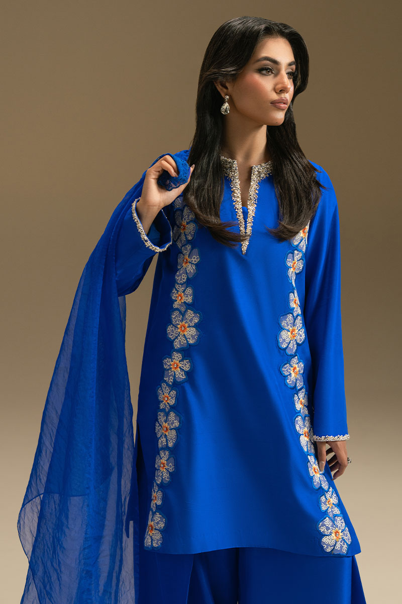 Royal Blue Embroidered Crepe Salwar Kameez (3-Piece) - Image 3