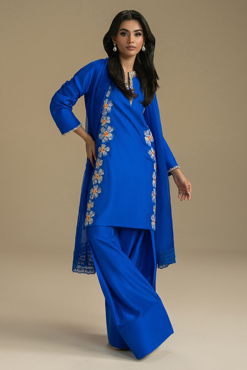 Royal Blue Embroidered Crepe Salwar Kameez (3-Piece) - Image 4