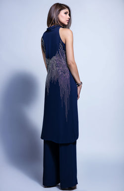 Pakistani Midnight Blue Hand-Beaded Crepe Tunic (2-Piece) - Image 1