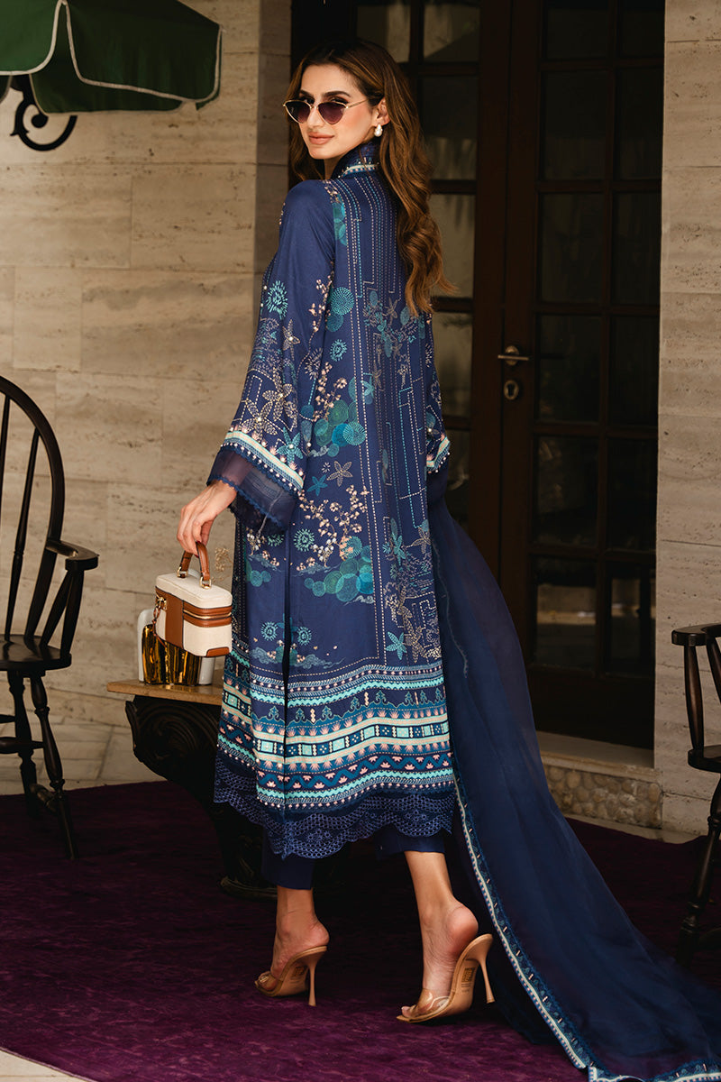 Deep Blue Printed Crepe & Organza Salwar Kameez (2-Piece) - Image 2