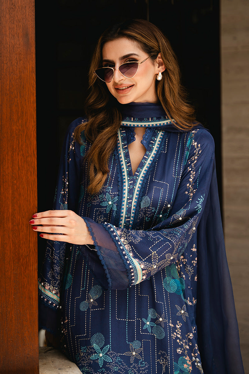 Deep Blue Printed Crepe & Organza Salwar Kameez (2-Piece) - Image 3