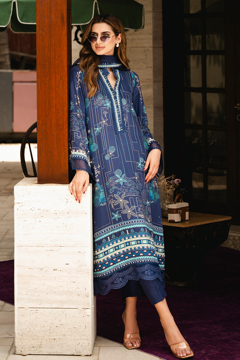 Deep Blue Printed Crepe & Organza Salwar Kameez (2-Piece) - Image 4