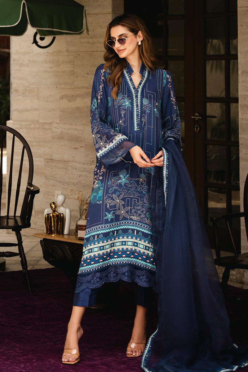 Pakistani Deep Blue Printed Crepe & Organza Salwar Kameez (3-Piece) - Image 1