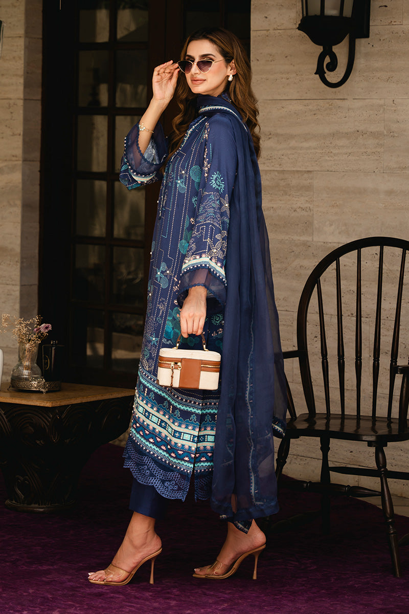 Pakistani Deep Blue Printed Crepe & Organza Salwar Kameez (3-Piece) - Image 3