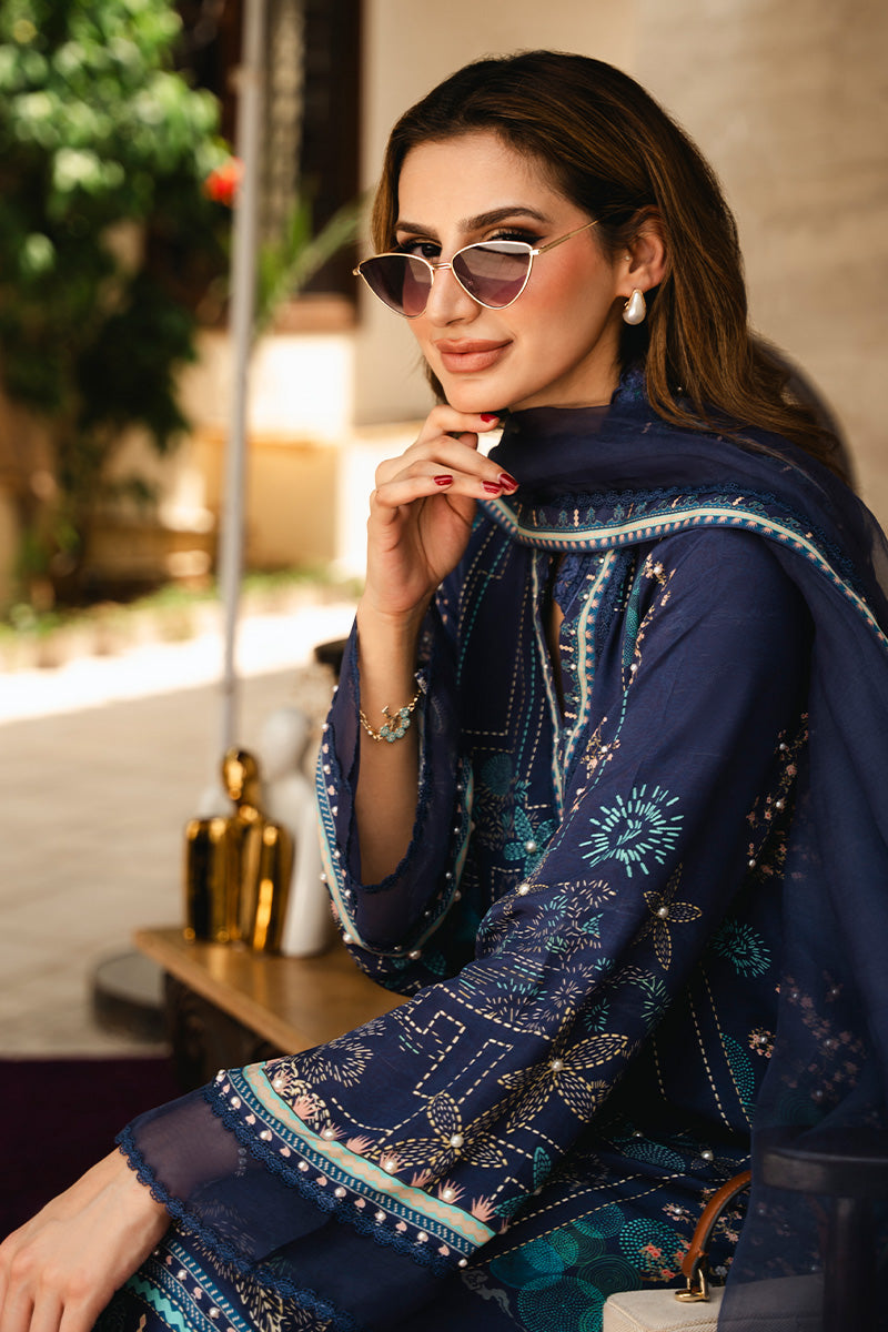 Pakistani Deep Blue Printed Crepe & Organza Salwar Kameez (3-Piece) - Image 5