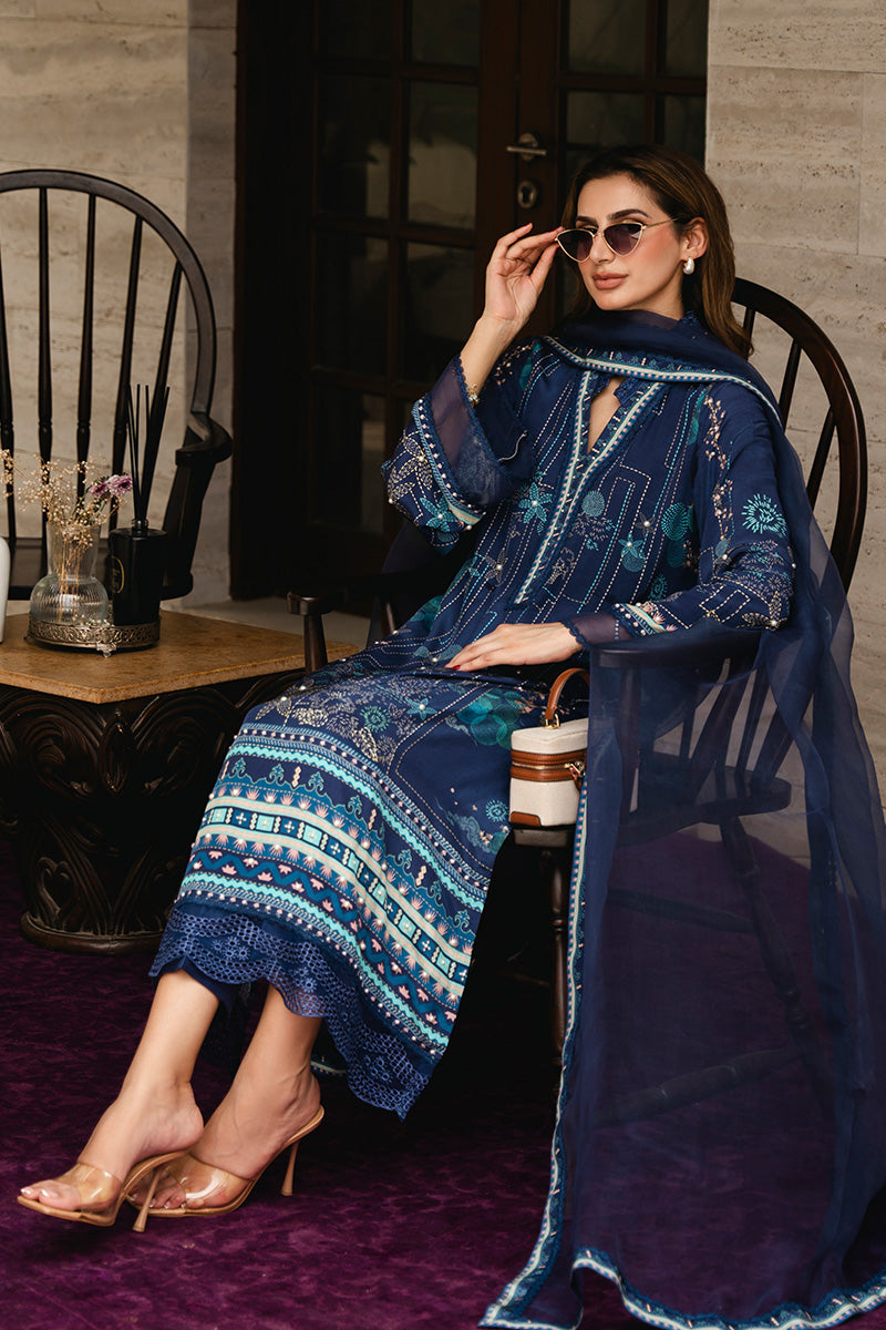 Pakistani Deep Blue Printed Crepe & Organza Salwar Kameez (3-Piece) - Image 6