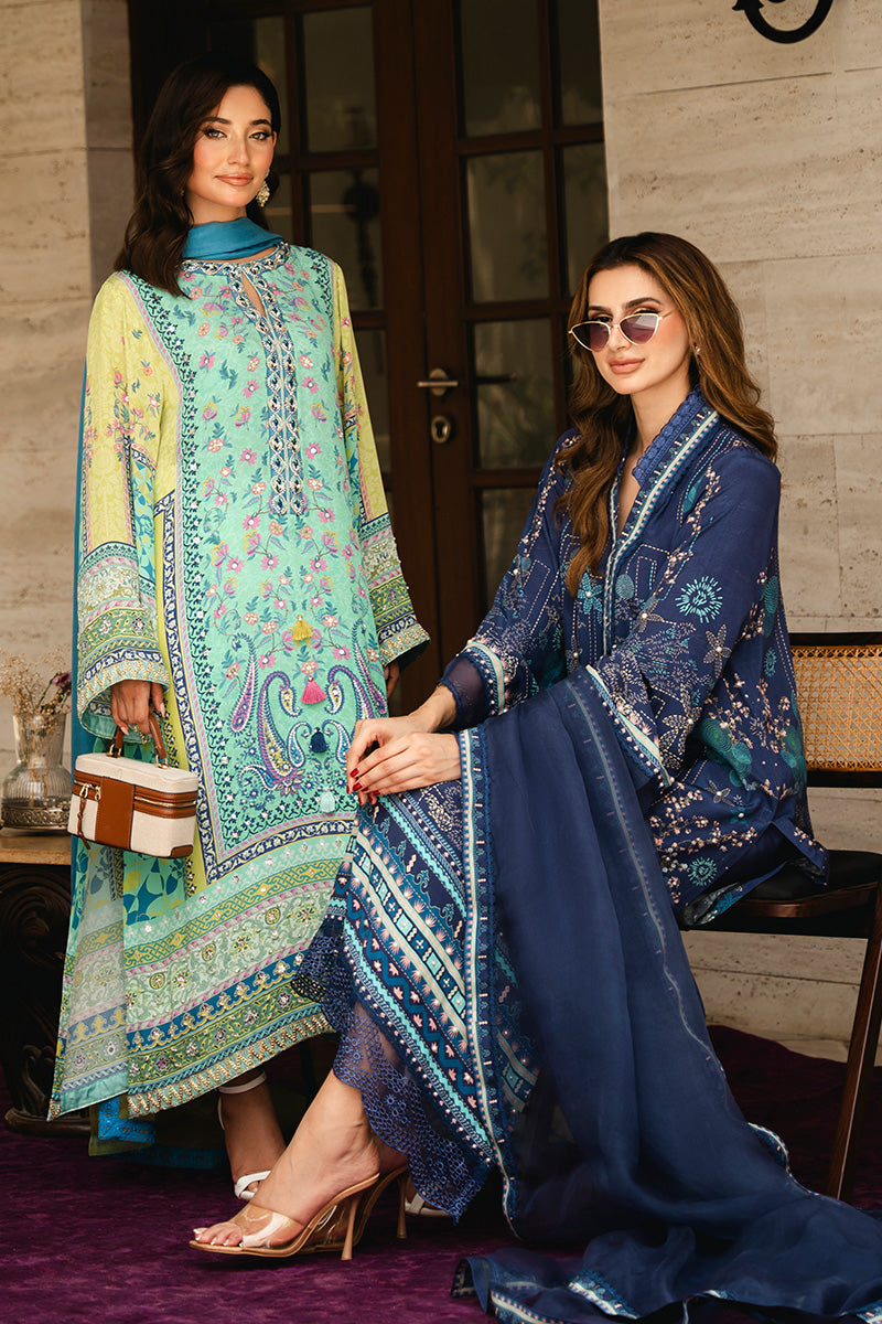 Pakistani Deep Blue Printed Crepe & Organza Salwar Kameez (3-Piece) - Image 9