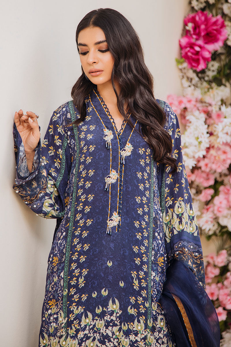 Bold Blue Printed Pure Crepe Silk Shirt (2-Piece) - Image 3