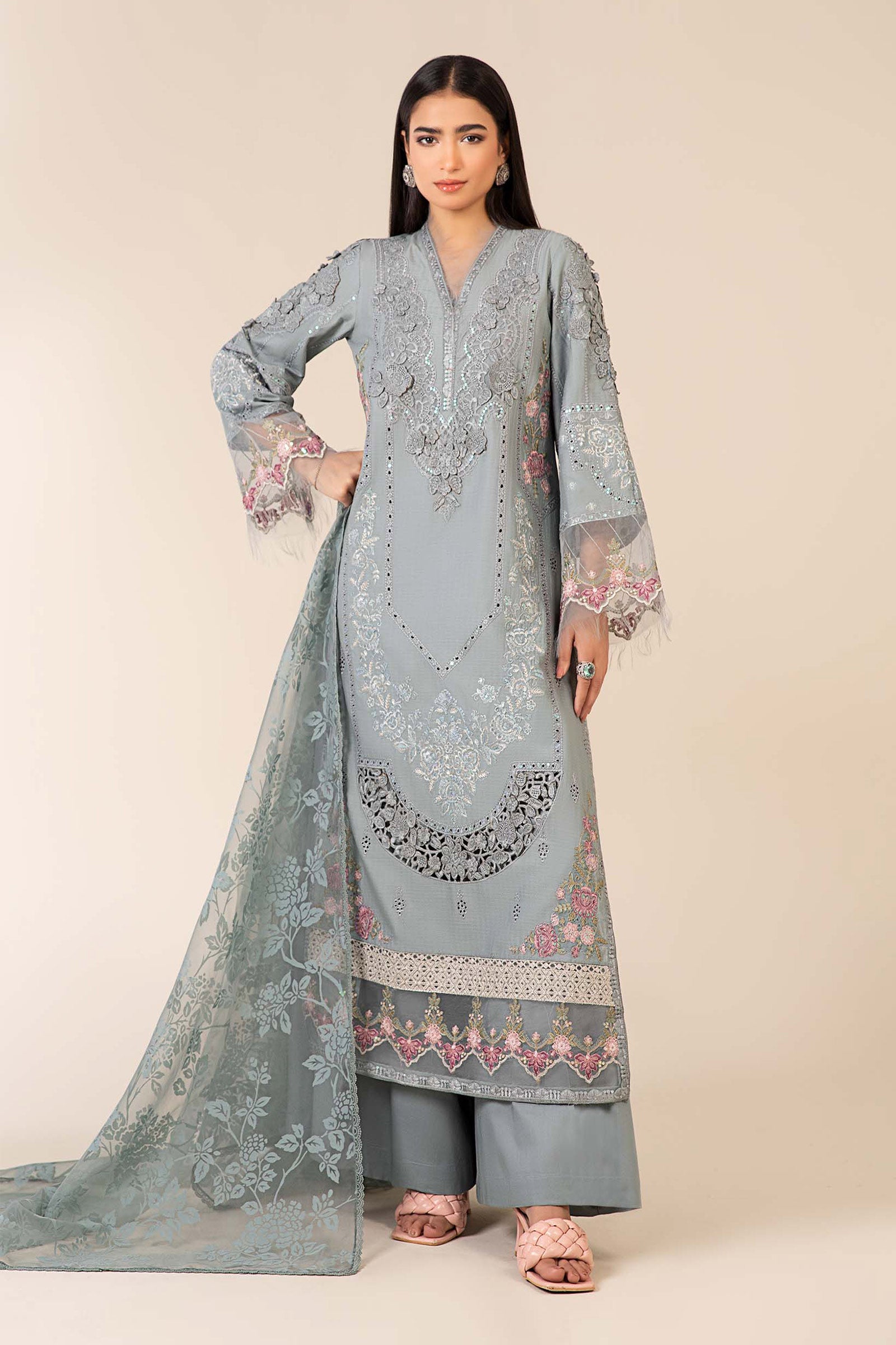 Pakistani Blue Embroidered Dobby Salwar Kameez (3-Piece) - Image 1