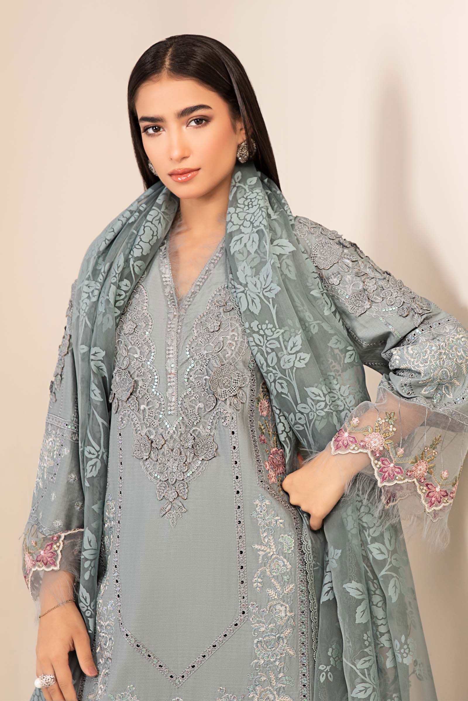 Pakistani Blue Embroidered Dobby Salwar Kameez (3-Piece) - Image 2