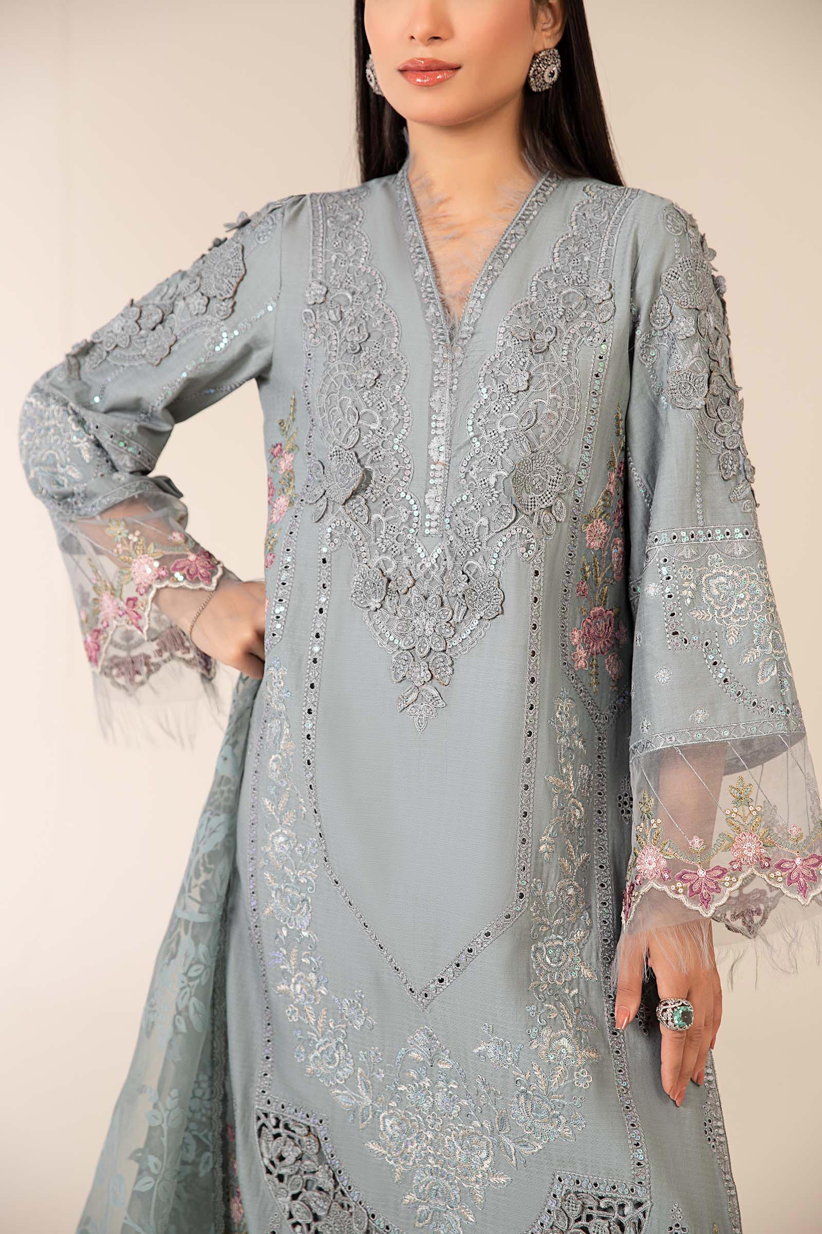 Pakistani Blue Embroidered Dobby Salwar Kameez (3-Piece) - Image 4