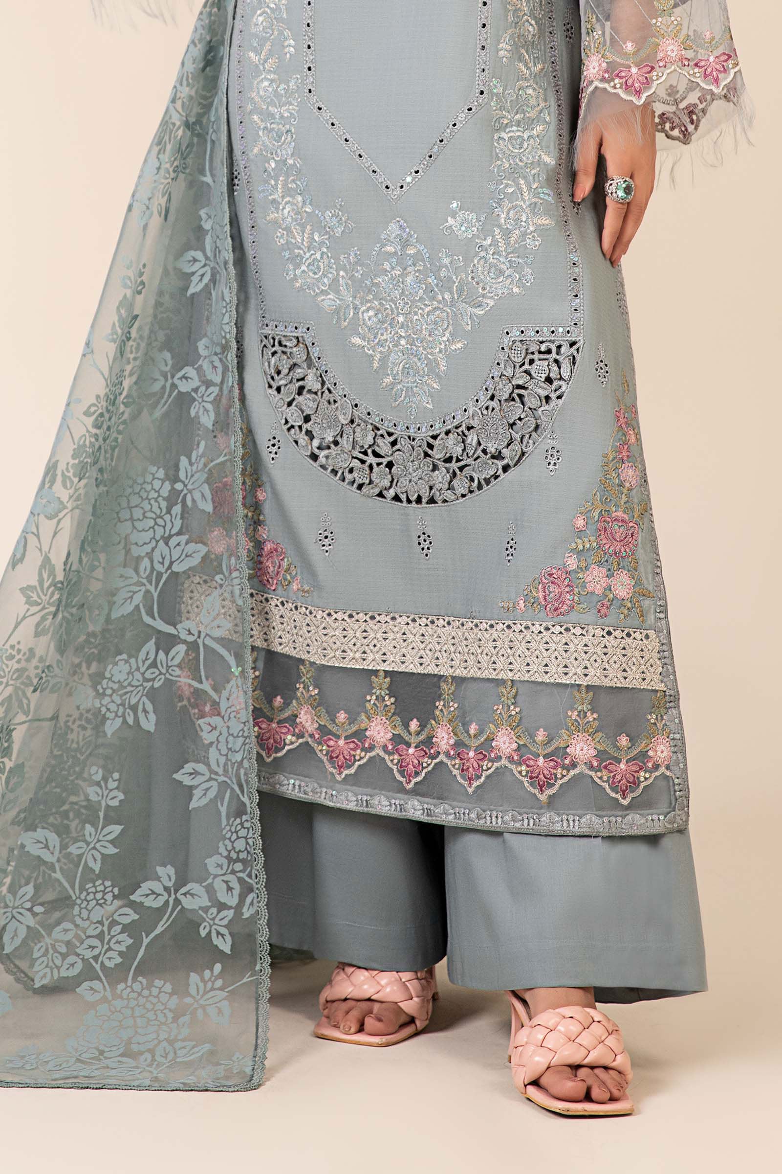 Pakistani Blue Embroidered Dobby Salwar Kameez (3-Piece) - Image 5