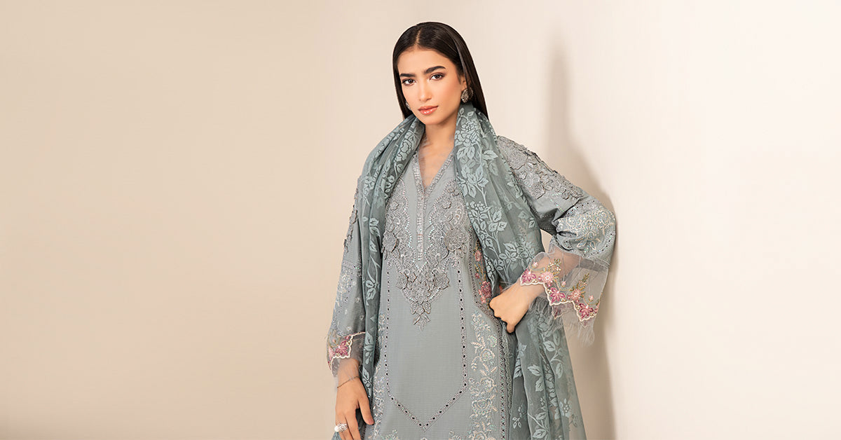 Pakistani Blue Embroidered Dobby Salwar Kameez (3-Piece) - Image 6
