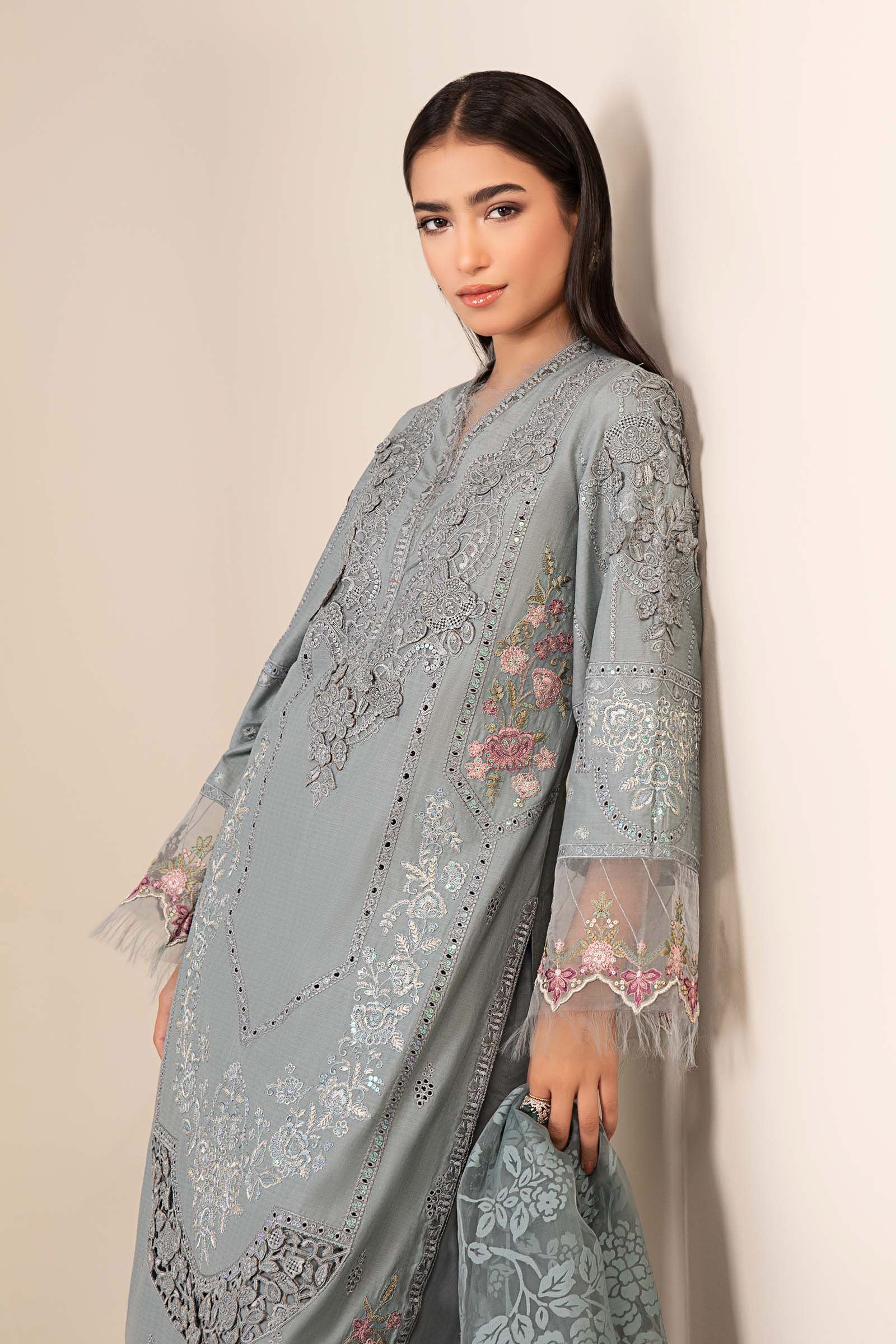 Pakistani Blue Embroidered Dobby Salwar Kameez (3-Piece) - Image 7