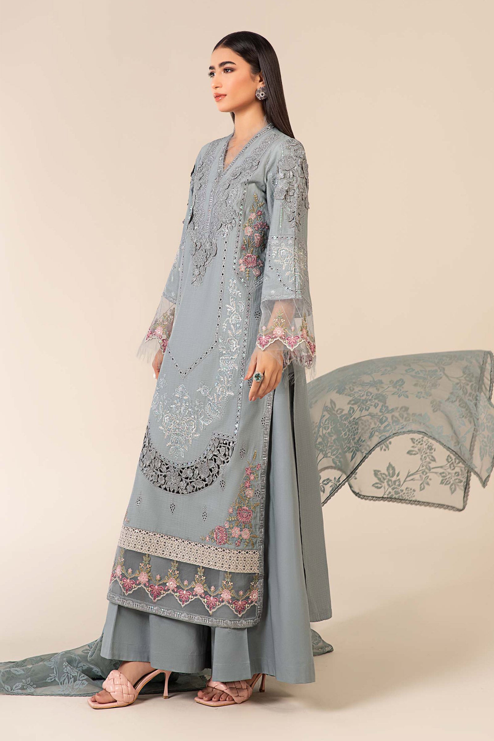 Pakistani Blue Embroidered Dobby Salwar Kameez (3-Piece) - Image 8